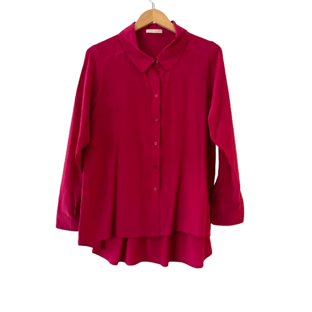 Paper Crown High Low Button Down Shirt Blouse Top Size M Red‎ Silk Long Sleeve